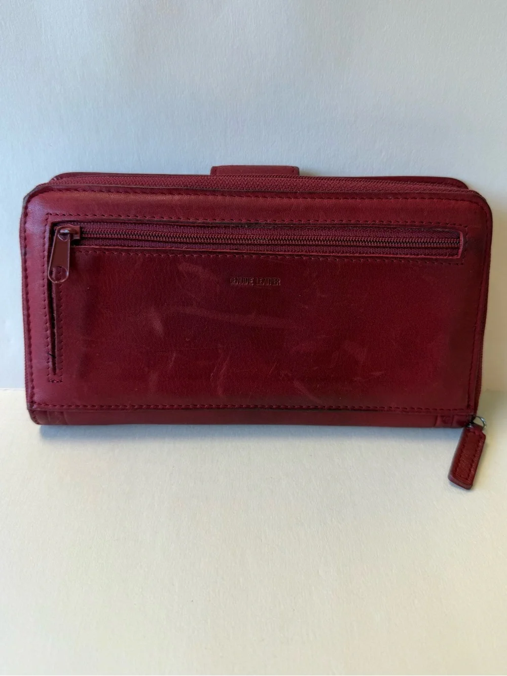Vintage Deep Red Leather Zip-Around Wallet with Lots of Pockets.